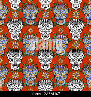 Tag der Toten Sugar Skull Muster nahtlose auf rotem Hintergrund. Stock Vektor