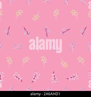 Abstrakt stilisierten Blüten rosa nahtlose Vektor doodle Hintergrund. Zarte Beeren und Blätter, sich wiederholendes Muster in femininen rosa Farben. Für Stock Vektor