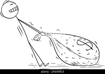 Vektor cartoon Strichmännchen Zeichnen konzeptionelle Darstellung der Mann oder Geschäftsmann ziehen große und schwere Geldsack mit Dollarzeichen. Konzept der finanziellen Erfolg. Stock Vektor