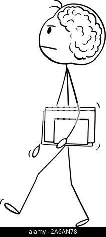 Vektor cartoon Strichmännchen Zeichnung konzeptuelle Abbildung: Genial oder genial Mann oder Wissenschaftler mit Big Brain ist Laufen mit Buch. Stock Vektor