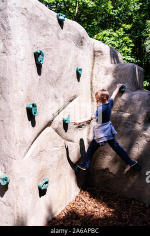 Ein niedliches athletischen Jungen mit ADHS, Autismus, Asperger-syndrom Praktiken seine Kletterfähigkeiten auf einer kleinen Kletterwand in Colchester Country Park Stockfoto