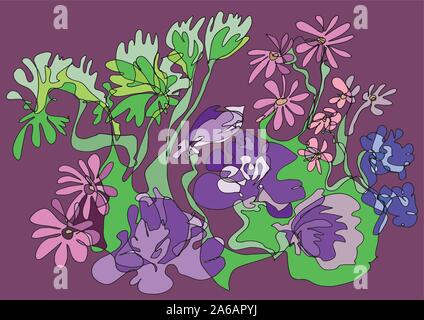 Lila Geheimnis der Blumen Harmonie: dekoratives Kunstwerk kann als Grußkarte, Hintergrund, dekorative Stoffdessin, Hintergrundbild verwendet werden. Stock Vektor