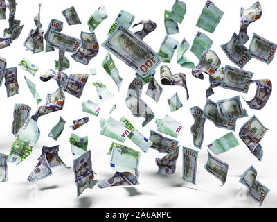 Neue hundert Dollar und hundert Euro-Banknoten fallen auf dem Boden 3D-Render auf weißem Hintergrund mit Schatten Stockfoto