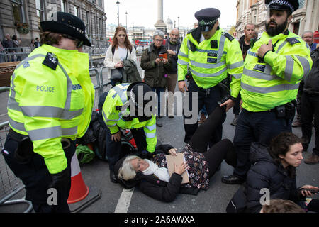 Trotz einer Richtlinie von der Polizei nicht zu sammeln, Aussterben Rebellion übernehmen Whitehall in einem sitzen sie Protest, in denen eine große Anzahl am 16. Oktober 2019 in London, England, Vereinigtes Königreich, wurden verhaftet. Aussterben Rebellion ist ein Klimawandel Gruppe begann im Jahr 2018 und hat eine riesige Fangemeinde von Leuten zu friedlichen Protesten begangen. Diese Proteste sind die Hervorhebung, dass die Regierung nicht genug um die katastrophalen Klimawandel zu vermeiden und zu verlangen, dass sie die Regierung radikale Maßnahmen zu ergreifen, um den Planeten zu retten. Stockfoto