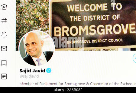 Twitter Seite (Okt. 2019) Sajid Javid MP-Schatzkanzler Stockfoto