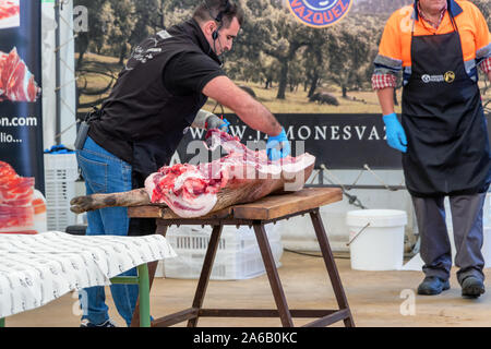 Aracena, Huelva, Spanien - Oktober 20, 2019: Metzger in Schlachtung und traditionelle Herstellung der iberischen Schwein und extrahieren Sie verschiedene Teile o Stockfoto