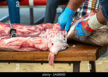 Schlachtung und traditionelle Herstellung der iberischen Schwein und extrahieren Sie verschiedene Teile der Iberischen Schwein 2019 iberischer Schinken Messe von Aracena Stockfoto