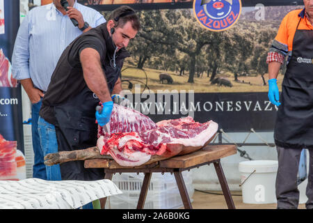 Aracena, Huelva, Spanien - Oktober 20, 2019: Metzger in Schlachtung und traditionelle Herstellung der iberischen Schwein und extrahieren Sie verschiedene Teile o Stockfoto