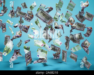 Neue hundert Dollar und hundert Euro-Banknoten fallen auf dem Boden 3D-Render auf blauem Hintergrund mit Schatten Stockfoto