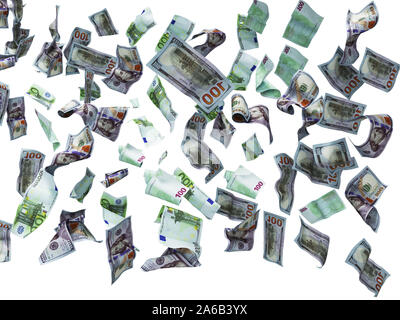 Neue hundert Dollar und hundert Euro-Banknoten fallen auf dem Boden 3D-Render auf weißem Hintergrund kein Schatten Stockfoto