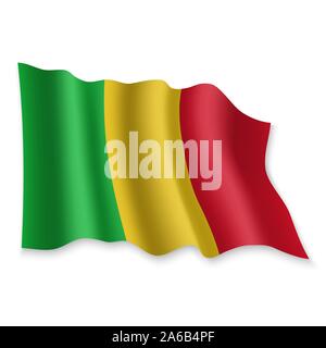 3D Realistische wehende Flagge von Mali auf weißem Hintergrund Stock Vektor