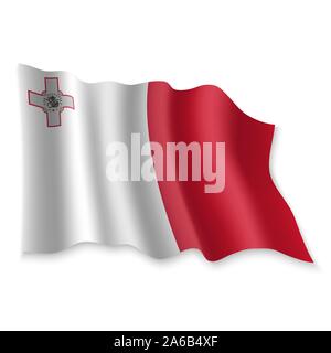 3D Realistische wehende Flagge von Malta auf weißem Hintergrund Stock Vektor