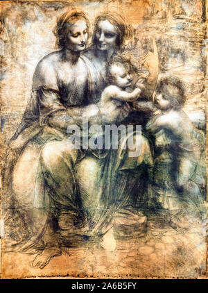 Cartone di Sant'Anna, La vergine, il Bambino e San Giovannino (das Burlington House cartoon) von Leonardo da Vinci (1452-1519) C. 1499 - 1500 oder 1508 Anthrazit mit weißer Kreide auf Papier verstärkt, auf Papier, 142 x 105 cm montiert Stockfoto