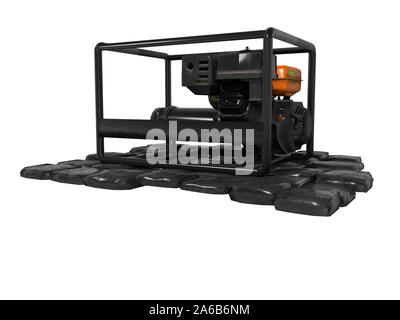 Schwarz Diesel generator auf den Steinen, 3D-Rendering auf weißem Hintergrund kein Schatten Stockfoto