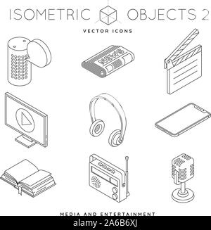 Sammlung von isometrischen Umrisse Ikonen der Medien und elektronische Geräte wie Smart Lautsprecher, Mikrofon, Radio oder Fernseher mit Flachbildschirm. Unterhaltung indu Stock Vektor