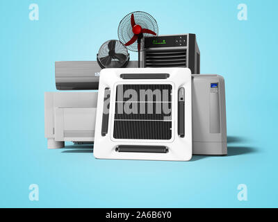 Gruppe von Office Kühlung Klimaanlage Ventilator 3D-Render auf blauem Hintergrund mit Schatten Stockfoto