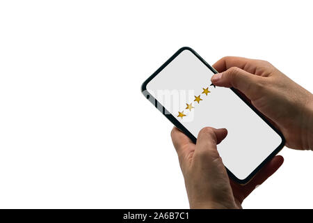 User rating Service wertet die mobile App oder auf der Website, auf weißem Hintergrund Stockfoto