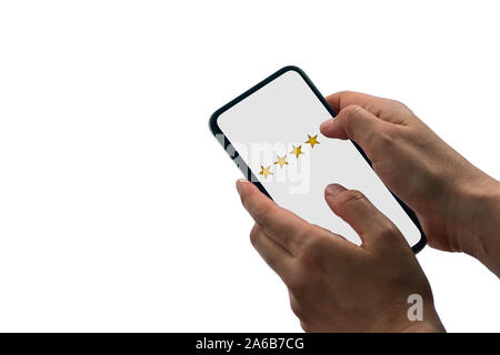 User rating Service wertet die mobile App oder auf der Website, auf weißem Hintergrund Stockfoto