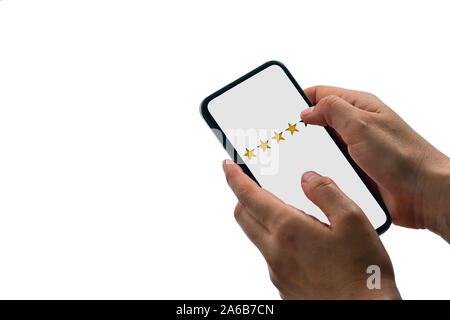 User rating Service wertet die mobile App oder auf der Website, auf weißem Hintergrund Stockfoto