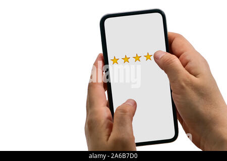 User rating Service wertet die mobile App oder auf der Website, auf weißem Hintergrund Stockfoto