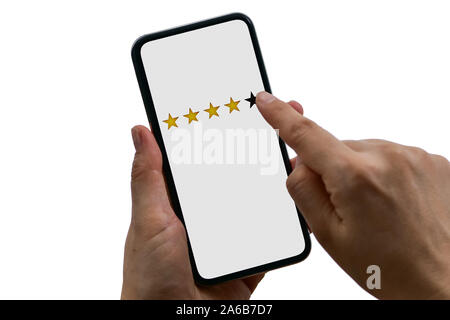 User rating Service wertet die mobile App oder auf der Website, auf weißem Hintergrund Stockfoto