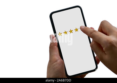 User rating Service wertet die mobile App oder auf der Website, auf weißem Hintergrund Stockfoto