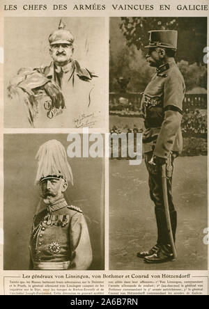 Le Miroir Zeitung Artikel vom 25. Juni 1916 Übersicht Generäle Alexander Adolf August Karl von Linsingen, Felix Ludwig Graf von Bothmer und Franz Xaver Josef Graf Conrad von Hötzendorf der Deutschen und Österreichischen Truppen, die an der Ostfront mit Russland geboten. Die Armee Häuptlinge in Galizien besiegte die Brusilov Offensive der Russen im Juni 1916 gestartete Stockfoto