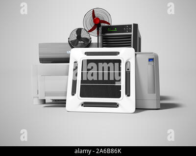 Gruppe von Office Kühlung Klimaanlage Ventilator 3D-Render auf grauem Hintergrund mit Schatten Stockfoto