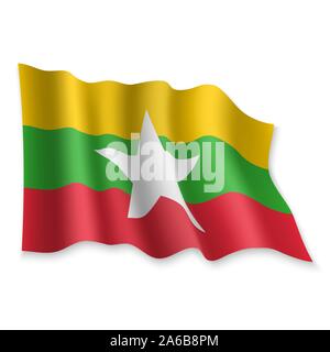 3D Realistische wehende Flagge von Myanmar auf weißem Hintergrund Stock Vektor