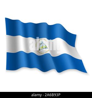 3D Realistische wehende Flagge von Nicaragua auf weißem Hintergrund Stock Vektor