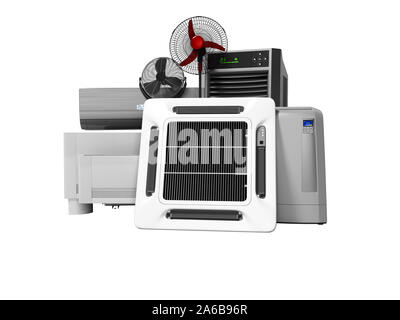 Gruppe von Office Kühlung Klimaanlage Ventilator 3D-Render auf weißem Hintergrund kein Schatten Stockfoto
