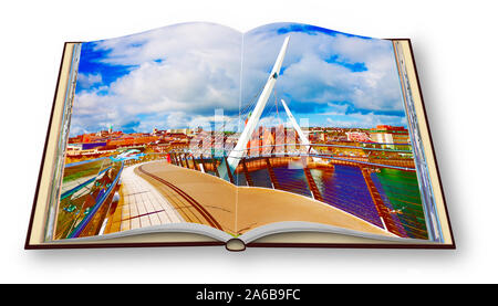 Städtischen Skyline von Derry City (auch als Londonderry) mit dem 'Peace Bridge" (Europa - Nordirland) - 3D-Render Konzept Bild eines geöffneten Foto Stockfoto