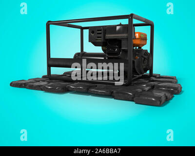 Schwarz Diesel generator auf den Steinen, 3D-Rendering auf blauem Hintergrund mit Schatten Stockfoto