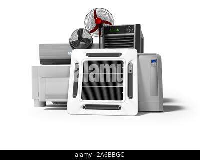 Gruppe von Office Kühlung Klimaanlage Ventilator 3D-Render auf weißem Hintergrund mit Schatten Stockfoto