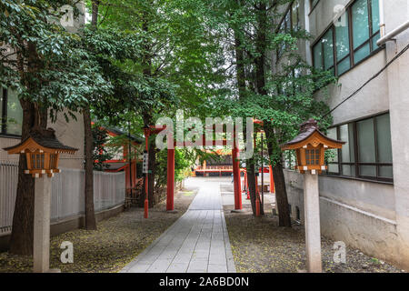 Tokio, Japan, Asien - 27. August 2019: rote Torii Gates am Hanazono Jinja Schrein Stockfoto