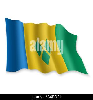 3D Realistische wehende Flagge von Saint Vincent auf weißem Hintergrund Stock Vektor