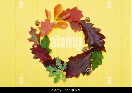 Herbst Blätter frame Kranz und fallen Elemente mit Platz für Ihren Text auf gelbem Hintergrund. Einrichtung für Thanksgiving Tag design Stockfoto