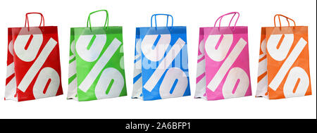 3d-Verkauf Papier Taschen in verschiedenen Farben Abbildung. Realistisch rendern Stockfoto