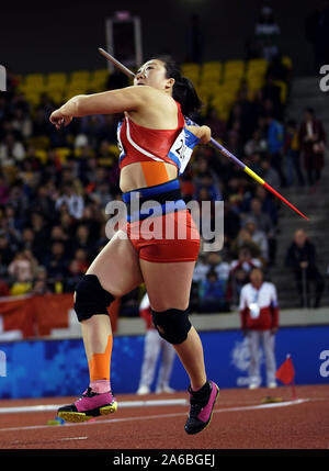 Wuhan, China. 25 Okt, 2019. Zhang Li von China konkurriert beim Speerwerfen der Frauen werfen Finale der Leichtathletik am 7. CISM Military World Games in Wuhan, der Hauptstadt von China, Okt. 25, 2019. Credit: Jin Liangkuai/Xinhua/Alamy leben Nachrichten Stockfoto