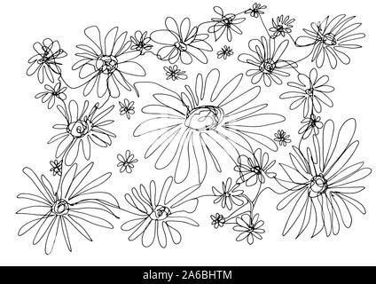 Eine einzigartige Linie kunst Zeichnung Kamille Blumenwiese. Bereit dekoratives Kunstwerk Farbe kann als Grußkarte, Hintergrund, Muster, Hintergrund verwendet werden. Stock Vektor