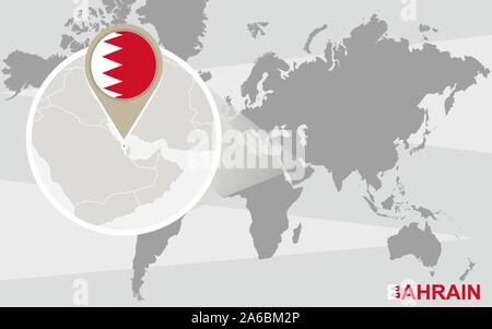 Weltkarte mit vergrößerten Bahrain. Bahrain Fahne und Karte. Stock Vektor