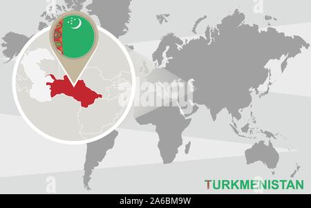 Weltkarte mit vergrößerten Turkmenistan. Turkmenistan Flagge und Karte. Stock Vektor