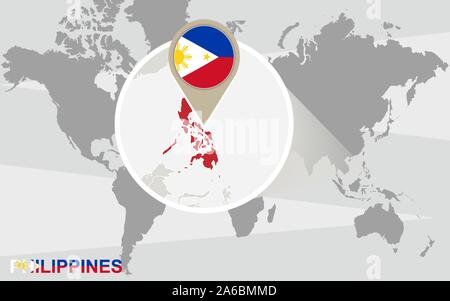 Weltkarte mit vergrößerten Philippinen. Philippinen Flagge und Karte. Stock Vektor