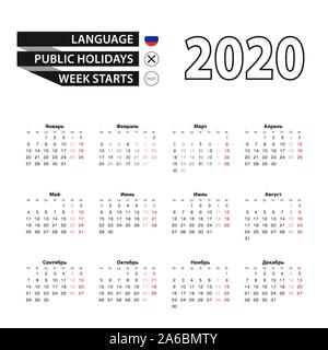 Kalender 2020 in russischer Sprache, die Woche beginnt am Montag. Vektor Kalender 2020 Jahr. Stock Vektor