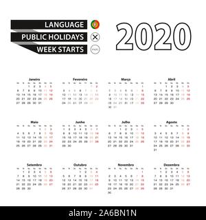 Kalender 2020 in portugiesischer Sprache, die Woche beginnt am Montag. Vektor Kalender 2020 Jahr. Stock Vektor