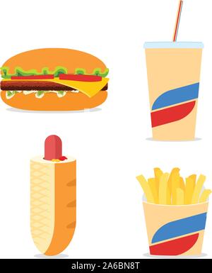 Fast food Icons mit einfachen farbigen Hamburger, Soda, Hot Dog und knusprige Pommes frites eingestellt Stock Vektor