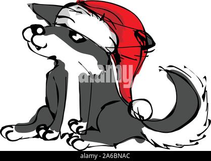 Weihnachten Hund mit rote Weihnachtsmütze, orientalische Skizze Stil für 2018 Jahr des Hundes Stock Vektor