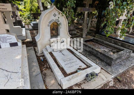 Der Grabstein von Dmitry Merezhkovsky, der berühmte russische Schriftsteller, in dem Sainte-Genevieve-des-Bois russische Friedhof, Frankreich Stockfoto