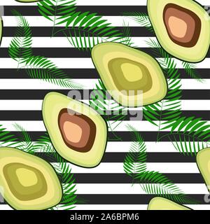 Nahtlose Muster mit Tiger stripes und tropische Früchte und Blätter. Muster mit Avocado. Stock Vektor