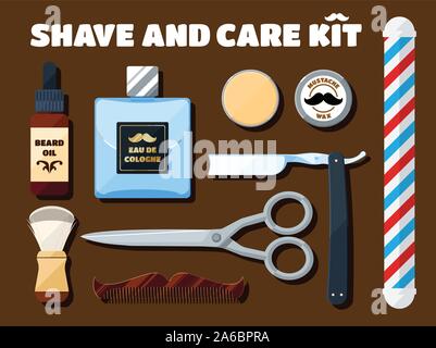 Rasieren Werkzeuge und Zubehör für Hipster mit Schatten einstellen Stock Vektor